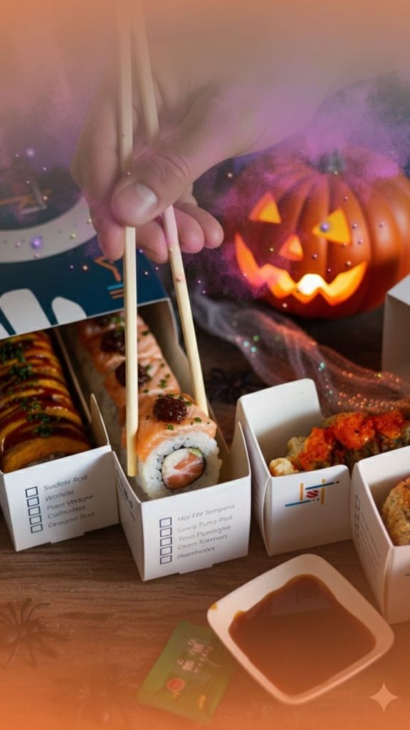 Promo Halloween Sudoki Sushi Barcelona: Sushi Box delivery con descuento del 30%, cajas de sushi variado desde 20 piezas con rolls, tempura y salmón.
