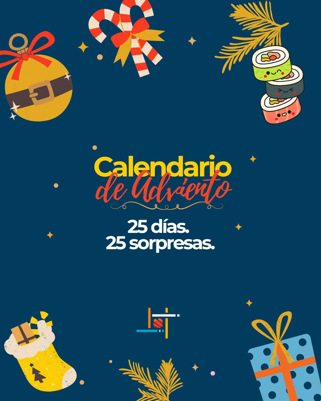 Calendario de Adviento Sudoki con diseño navideño y elementos festivos; anuncio de 25 días y 25 sorpresas en un estilo japonés fusión latina.