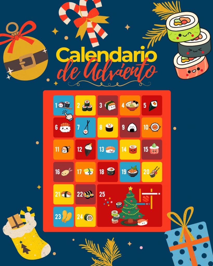 Calendario de Adviento Sudoki con 25 casillas ilustradas con piezas de sushi y temática navideña; diseño colorido que presenta las sorpresas diarias del restaurante.