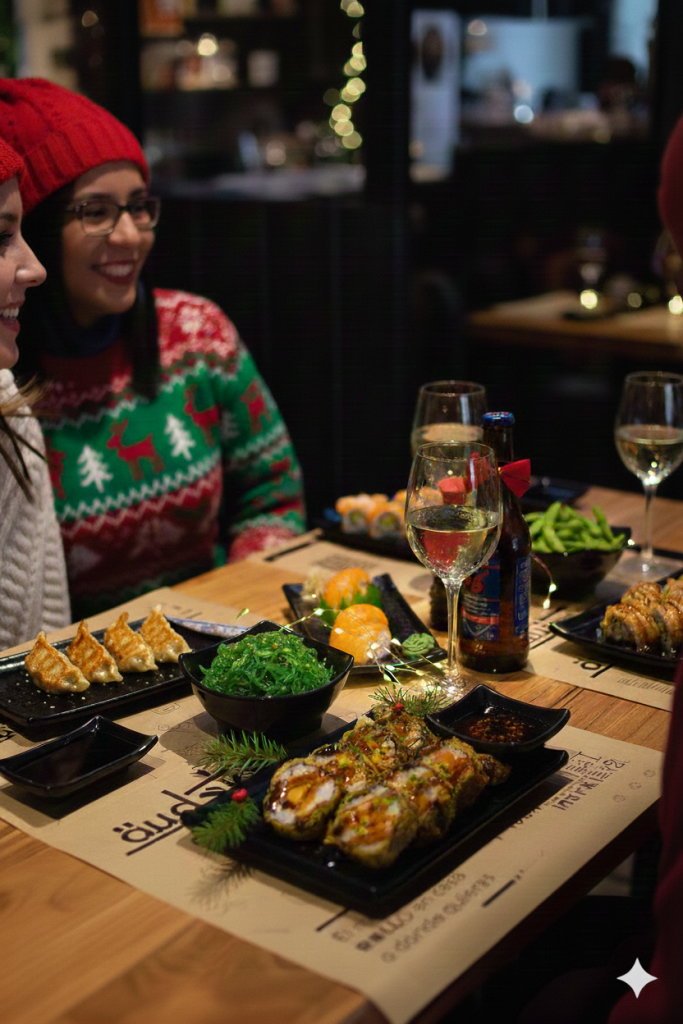 Cena de Navidad en Barcelona con sushi, gyozas, wakame y ambiente festivo en Sudoki Sushi & Fusión.