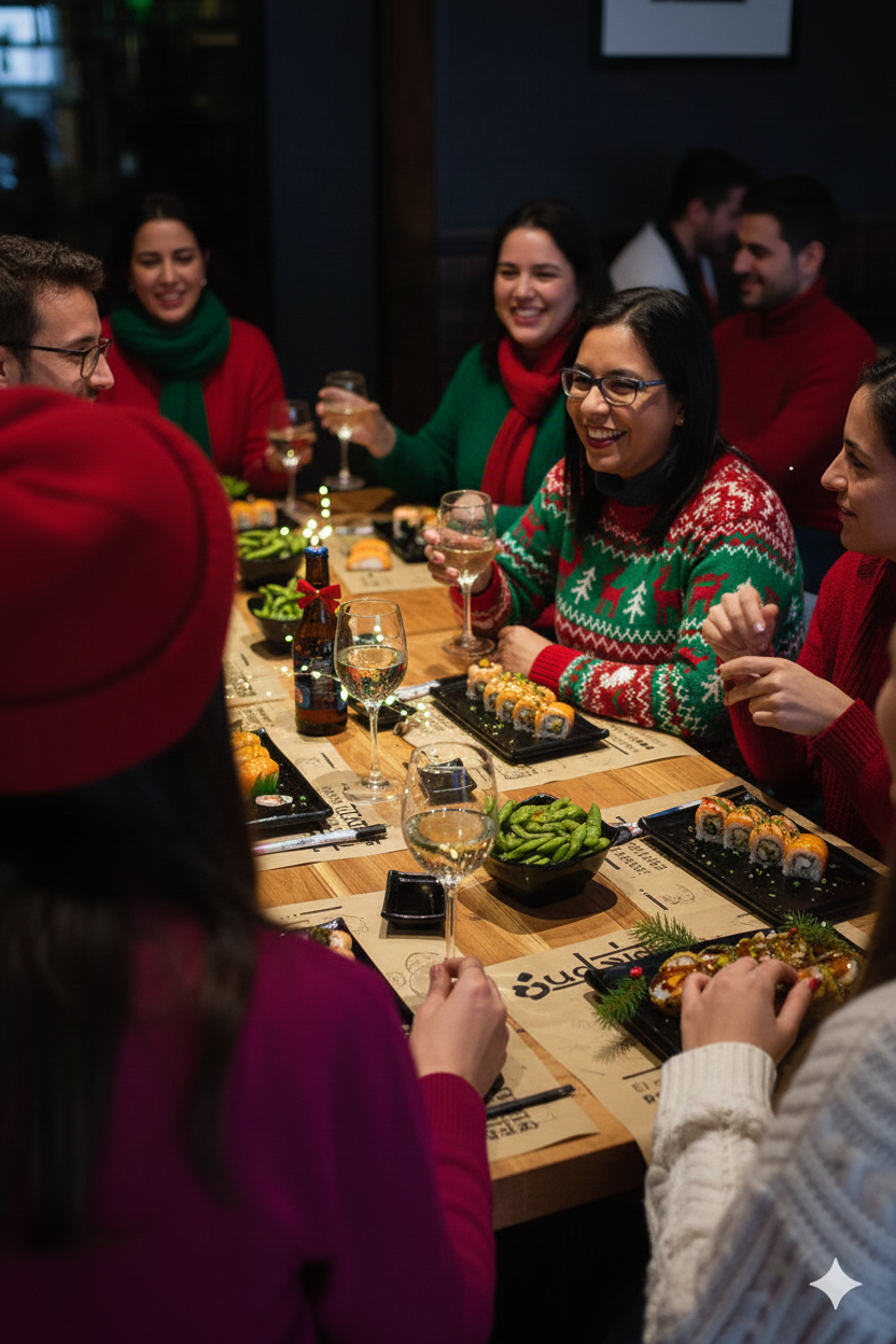 Grupo celebrando una cena de Navidad en Sudoki Sushi Barcelona con bandejas de sushi, edamame y copas en la mesa.