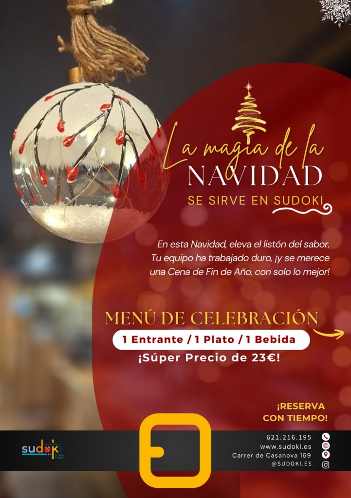 Menú de Navidad Sudoki para cenas de empresa: entrante, plato y bebida por 23€, diseño navideño en Sudoki Sushi Barcelona.