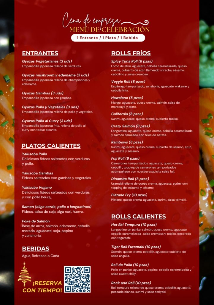 Menú de celebración navideña de Sudoki Sushi con lista de entrantes, platos calientes, rolls fríos y rolls calientes, incluyendo opciones como gyozas, yakisoba, ramen, rolls de salmón, atún y tempura. Diseño rojo con detalles festivos y mensaje de reserva anticipada.