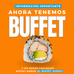 Buffet de sushi a la carta de Sudoki en Barcelona con una pieza de sushi en primer plano sobre fondo naranja.