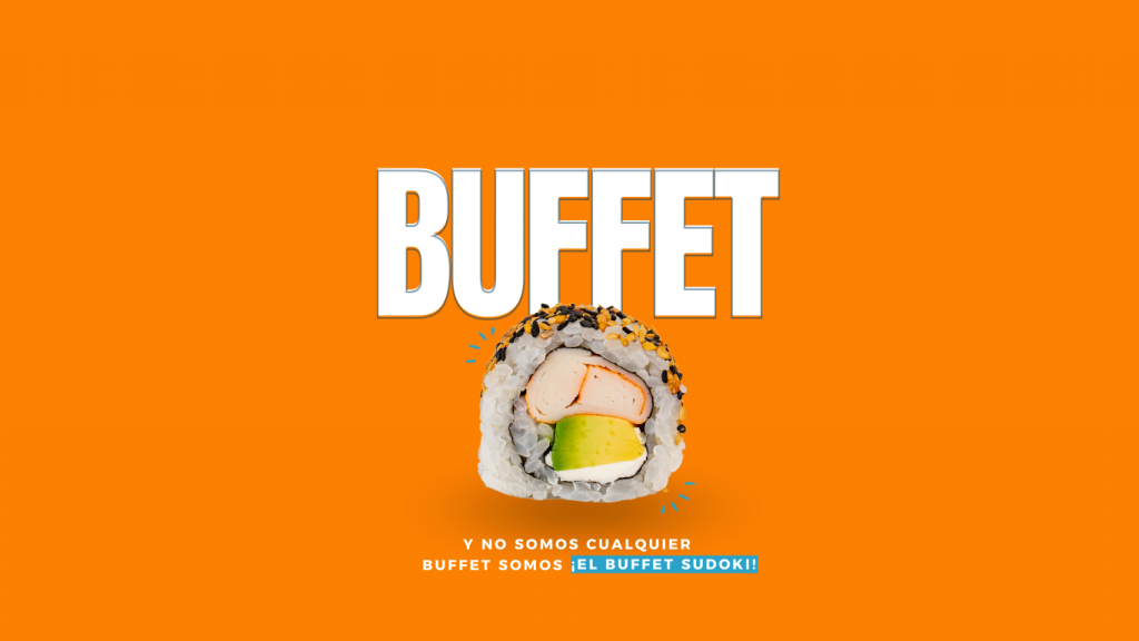 Imagen promocional del buffet de sushi a la carta de Sudoki en Barcelona con una pieza de sushi en primer plano sobre fondo naranja.