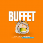 Imagen promocional del buffet de sushi a la carta de Sudoki en Barcelona con una pieza de sushi en primer plano sobre fondo naranja.
