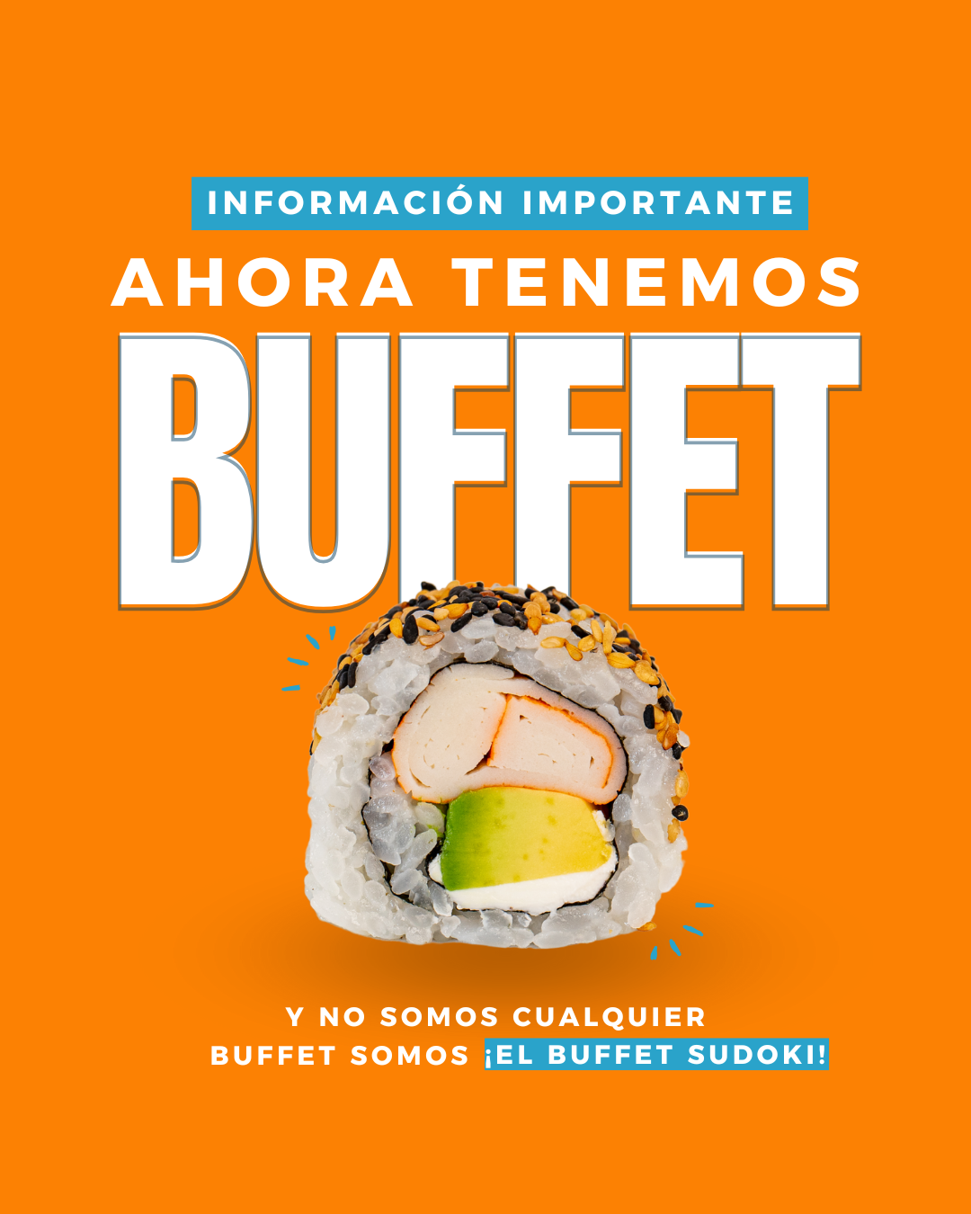 Buffet de sushi a la carta de Sudoki en Barcelona con una pieza de sushi en primer plano sobre fondo naranja.